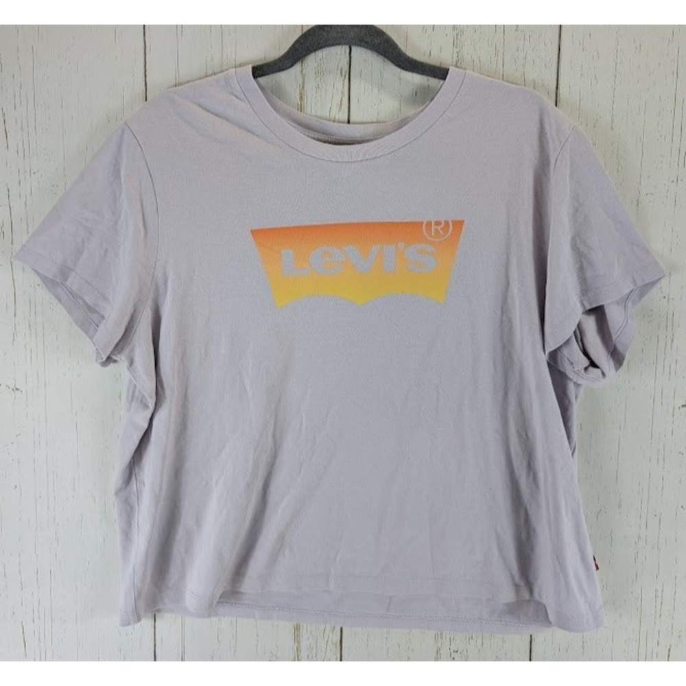 Levis Size XL Light Purple Yellow Logo Womens Short Sleeve Casual Top